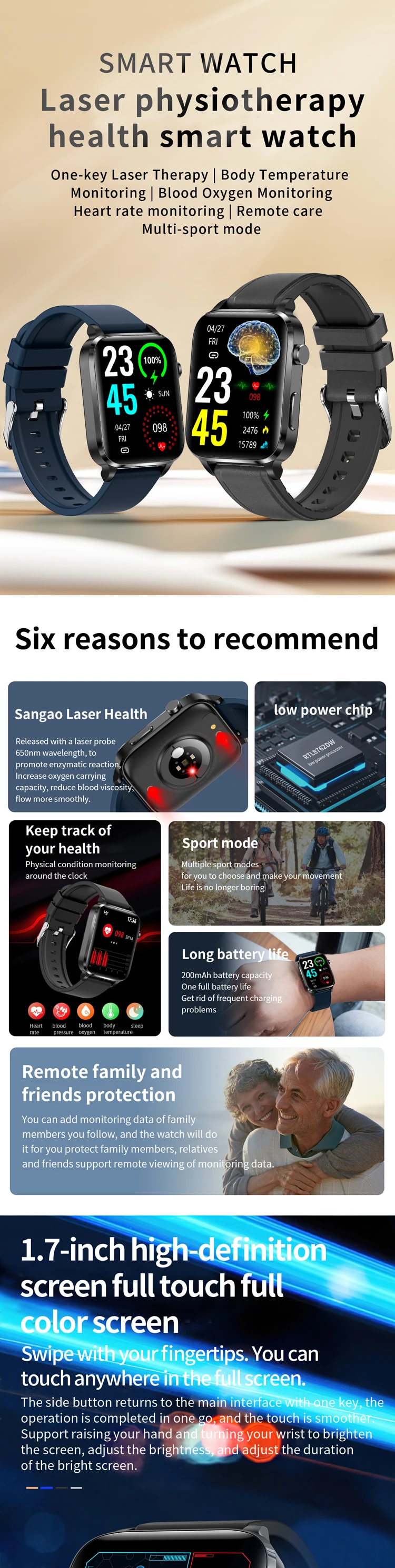 F100 Smart Watch With Blood Oxygen Monitor 1.7'' Smartwatch Ecg Blood