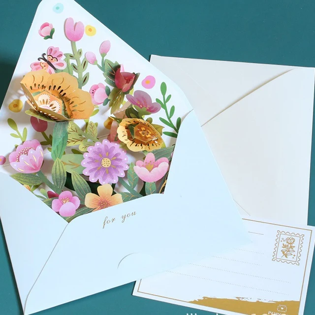 New Romantic Flower Birthday Christmas Card 3D Pop-up Greeting Cards Set Postcard Party Wedding Decorations Creative Girl Gifts