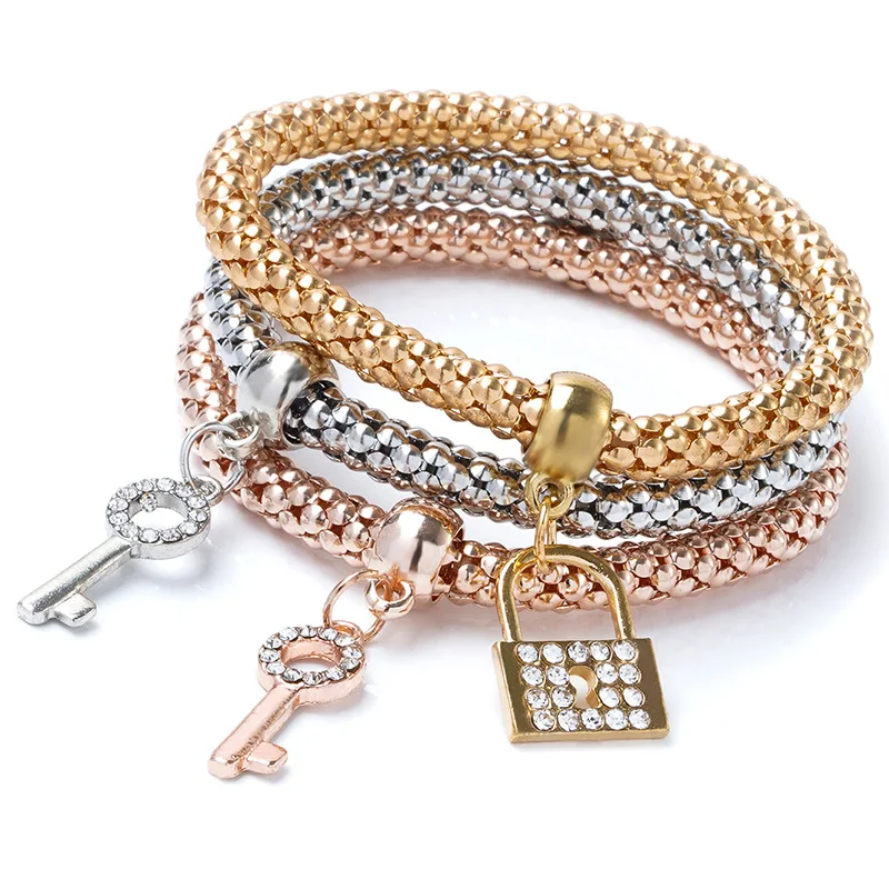 Cute Elastic Popcorn Bracelet With Crystal Gemstone Gold Elephant Anchor Metal Charm Bracelet Jewelry