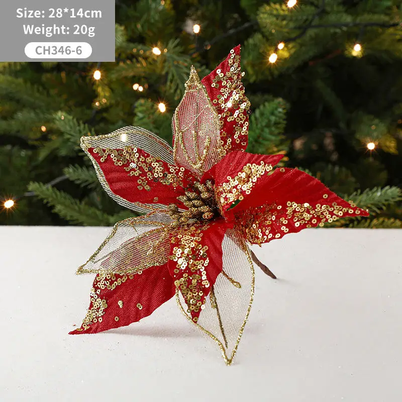 Christmas Tree Decorative Ornaments red Christmas Tree Decoration Artificial Flower Golden Poinsettia Glitter Christmas Flowers