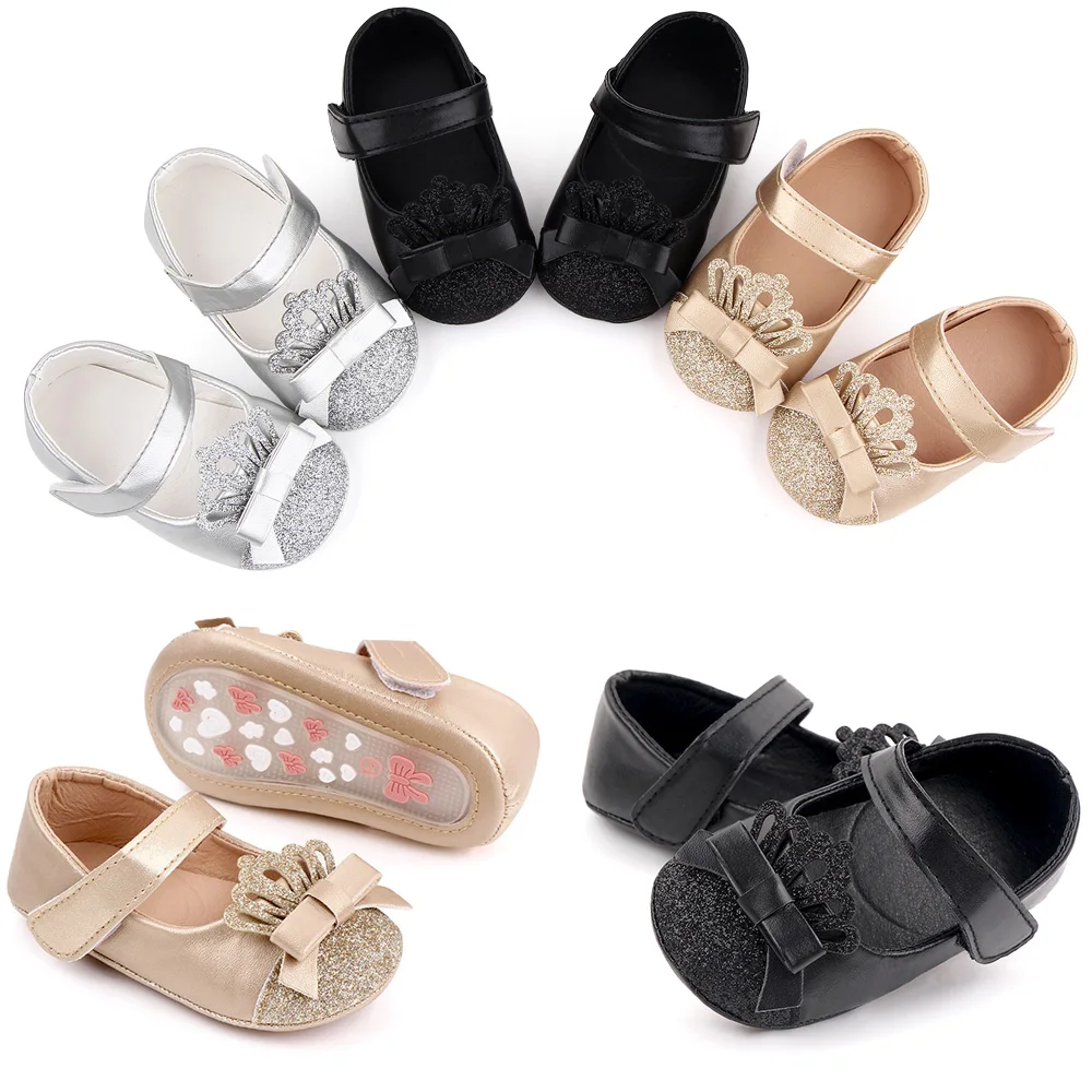 Shiny Solid Color Glitter Crown Bow Decorated Infants Princess Shoes for Baby Girls supplier