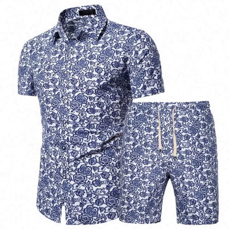 2021 Fashion Chinese Style Men's Short-Sleeved Shirt Two Piece Printed Summer Shirt Shorts Two Piece Set For Men