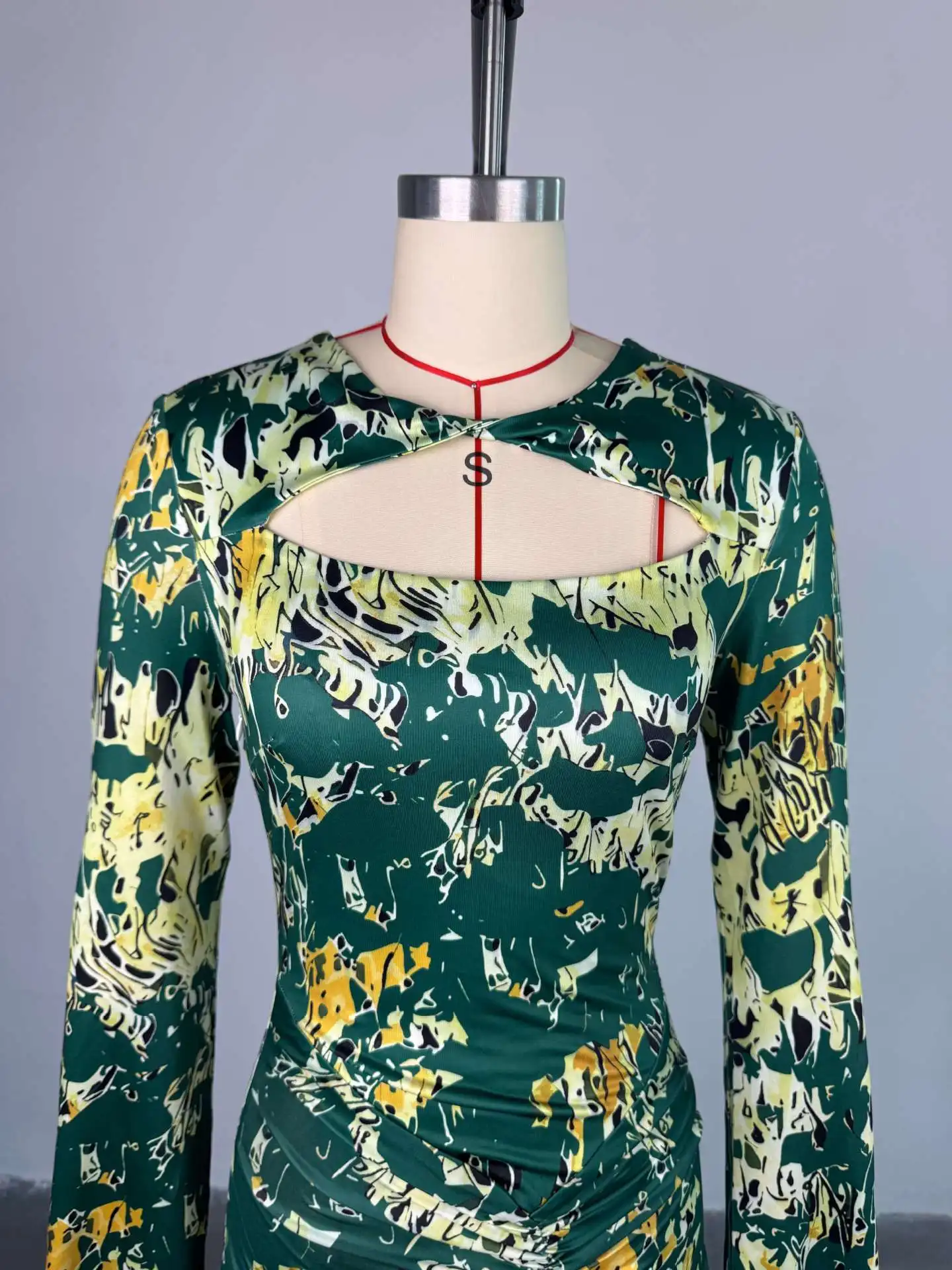 European American Women's Spring New Sweet Fresh Printed Hollow-Out Collar Long-Sleeve High-Waist Slim Hip Anti-Static factory