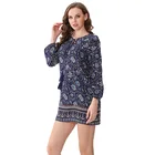 Floral Floral Print Blue Women Vintage Ethnic Style Long Sleeve Beach Dresses