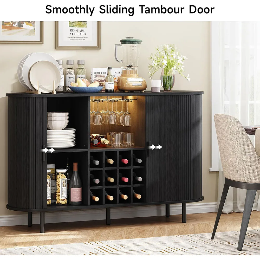 55" Wood Wine Bar Cabinet LED Light Modern Liquor Whiskey Rack Farmhouse Buffet Sideboard Storage for Living Room/Kitchen supplier