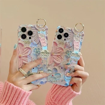 IMD oil painting flowers handstarp wristband Dot Diamond Pearl protective back cover for iphone 15 16 pro max cell phone cases