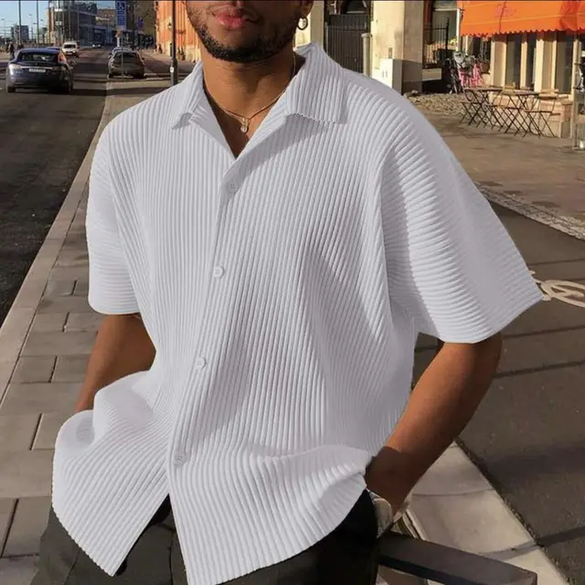 2024 trendy all white pleat shirts men's loose shirt casual comfortable simple Hawaii beach casual summer shirts