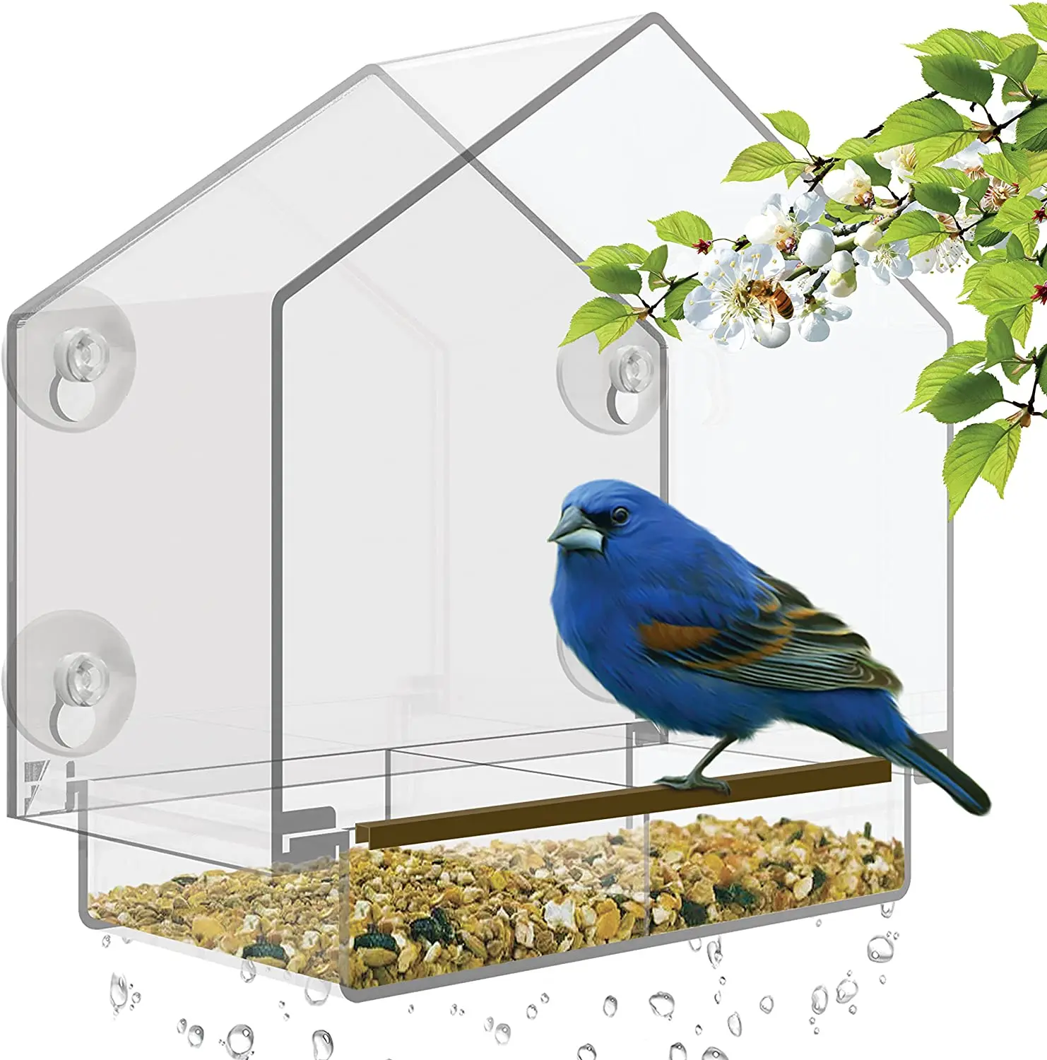 Window Bird House Crystal Clear Acrylic with Removable Tray Drai Bird Feeder 