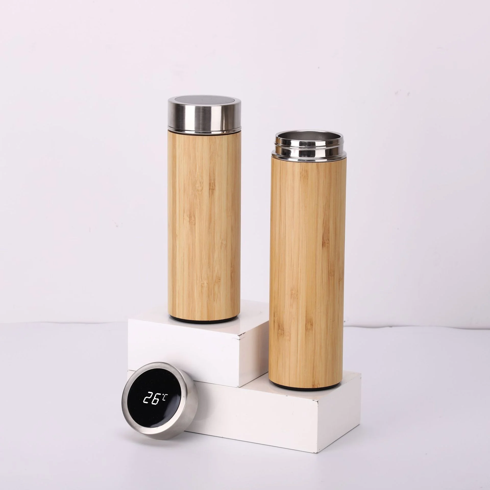 Temperature Display 450ml Vacuum Insulated Flask Tea Infuser Smart Bamboo Tumbler Thermos with Strainer