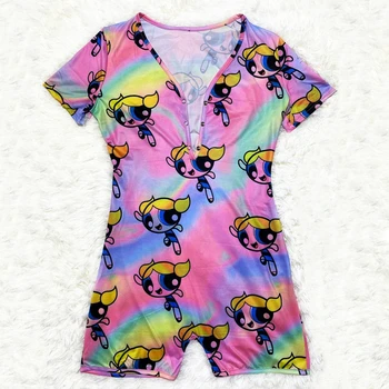 2021 new arrive summer designs Cute colourful powerpuff girl Print Short Sleeve adult onesie pajama onesie for women sleepwear