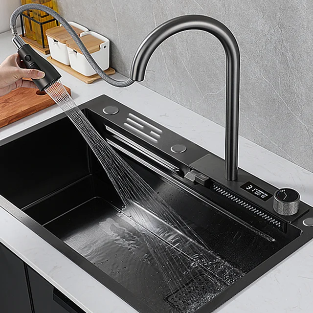 Luxury hidden black modern kitchen sinks multifunction sink kitchen waterfall stainless steel smart kitchen sinks