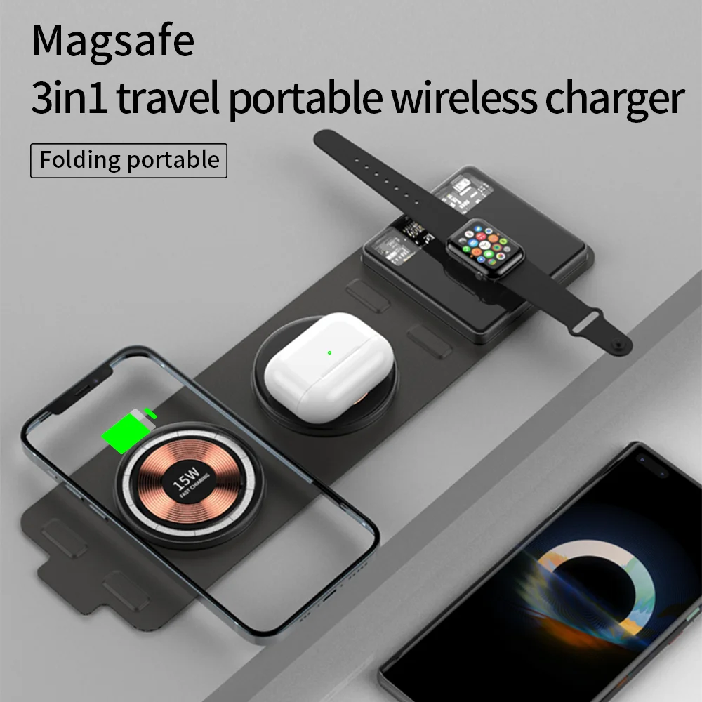 Safe Foldable 15W QI Fast Charging Pad 3 in 1 Strong Magnetic Wireless Charger for iPhone 15 14 13 for Airpods iWatch