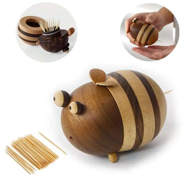 Latest Design Hot Sale Home Desk Decor Toothpick Storage Box Accessories Cute Gift Wooden Bee Toothpicks Holder Dispenser 150pcs
