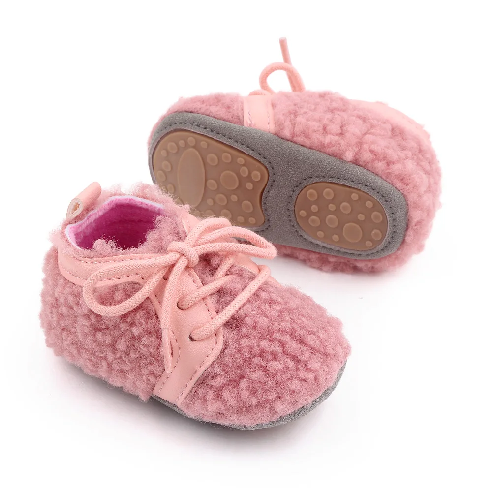 PU Leather Solid Color Plush Front Lacing Cute Warm Baby Soft Soled Toddler Cotton Shoes factory