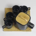 LEXI Ceramic Tea Set Square Shape Tea Cups With Wooden Tray Modern Teapot Tea Cups Set For Home And Office