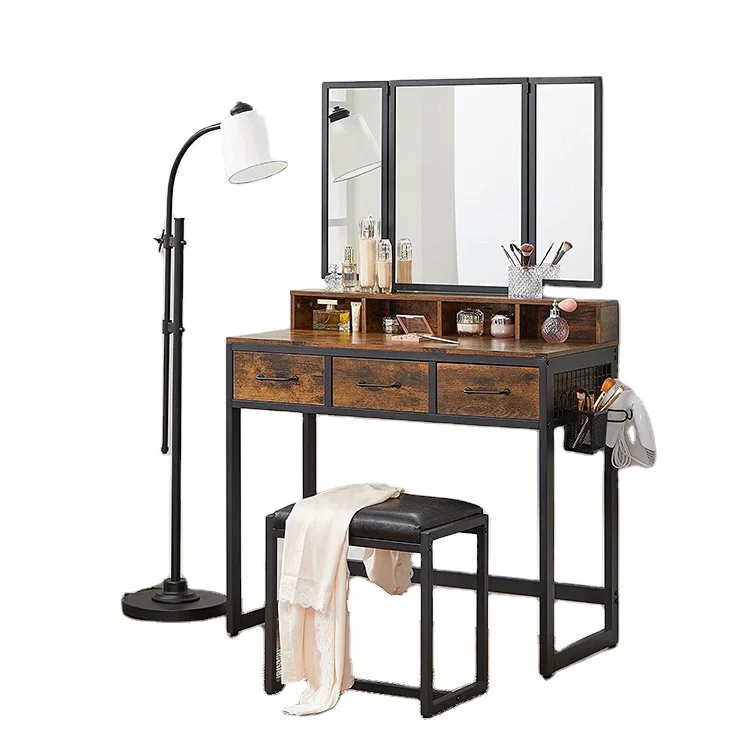 Vintage Modern Makeup Station Vanity Dressing Table Mirror Stool Latest Furniture Bedroom Bathroom Wood Metal Storage Feature