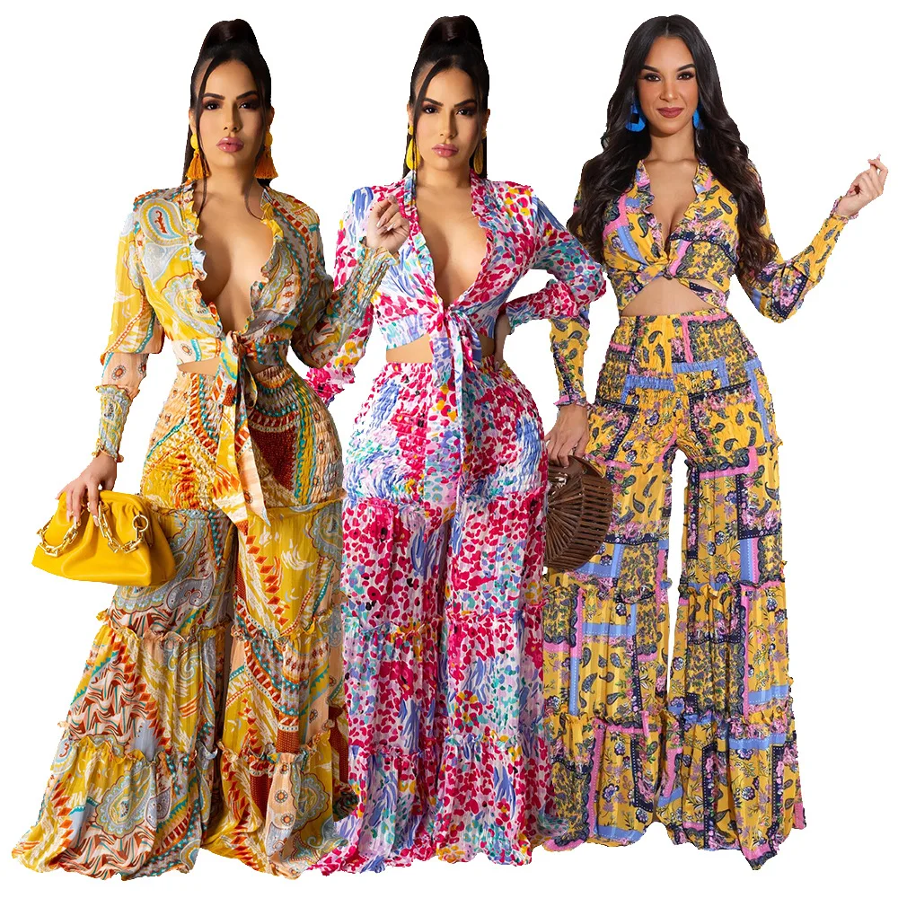 Conjunto De Dos Piezas Formado Por Top Y Pantalón Holgado,Camisa De Gasa  Con Estampado,Manga Larga Y Volantes,Para Mujer - Buy Conjunto De  Pantalones Floral Impreso Pantalones Traje De Dos Piezas Conjunto Impreso