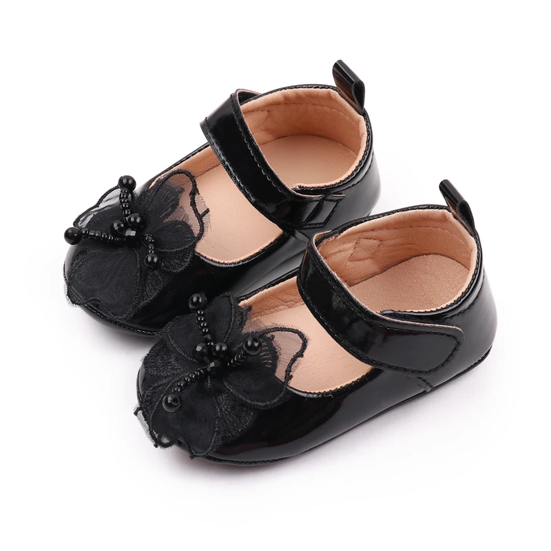 Solid Color PU Leather Veil Quality Flowers Pearl Stamen Elegant Princess Toddler Shoes for Baby Girls details