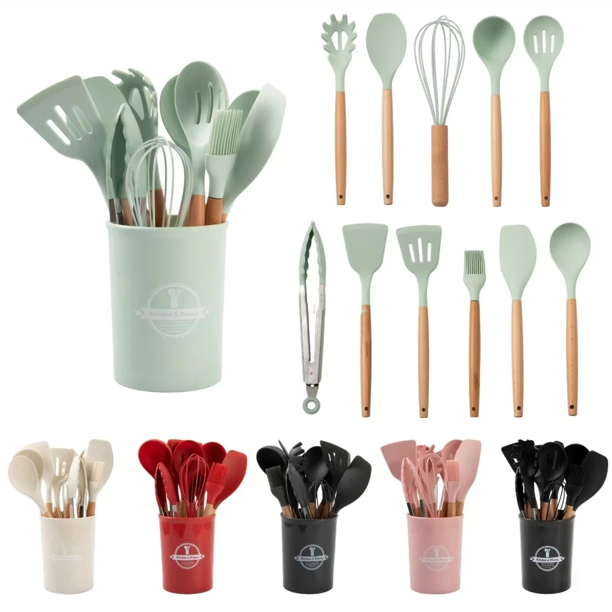 Sell well Complete Kitchen Utensil Set 12 Piece Non-Stick Cooking Silicone Kitchenware Kit kitchen utensils Wooden Handle