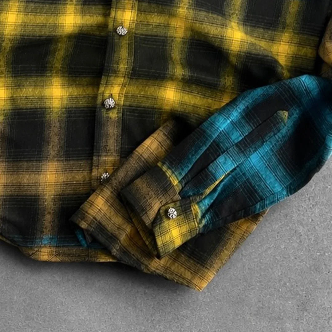 product men vintage gradient blue yellow plaid 100 cotton long sleeve shirts streetwear manufacturer-5