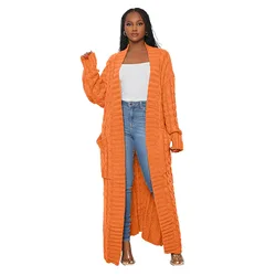 2023 New Fall Winter Solid Color Long Cardigan Fashion Pockets Sweater Coat Women Twist Knitted Cardigan