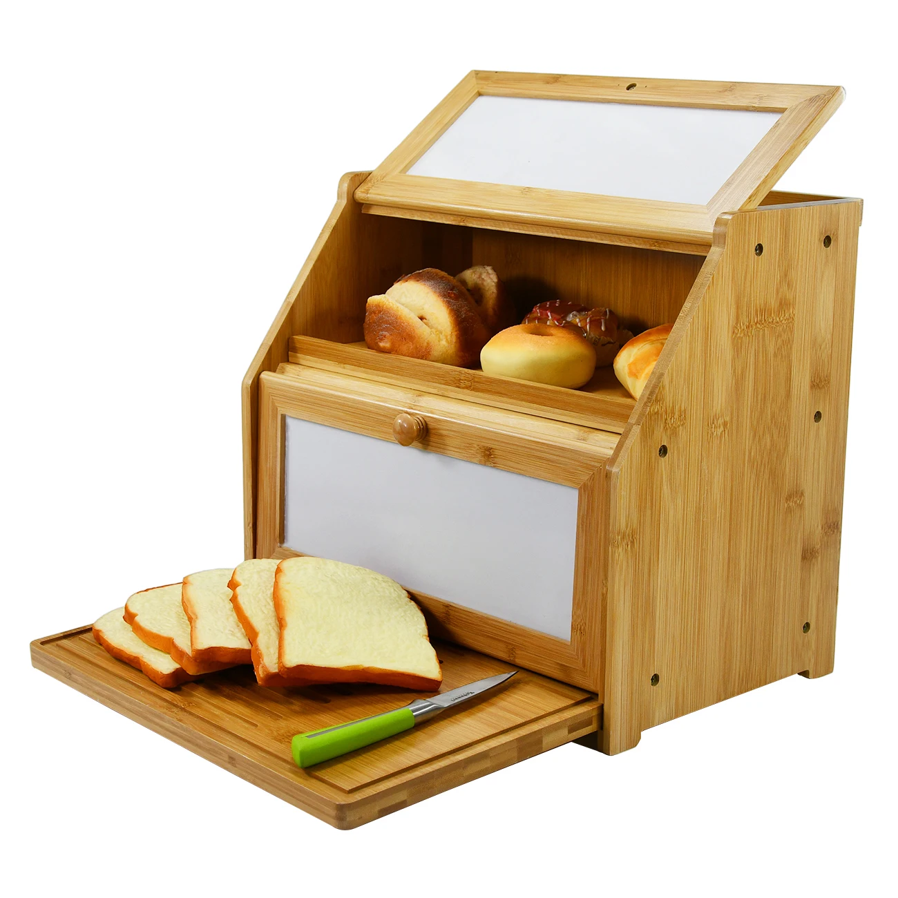 Vintage Home Decor Corner 2 Tiers Bamboo Bread Storage Box With Cutting Board For Home & Kitchen