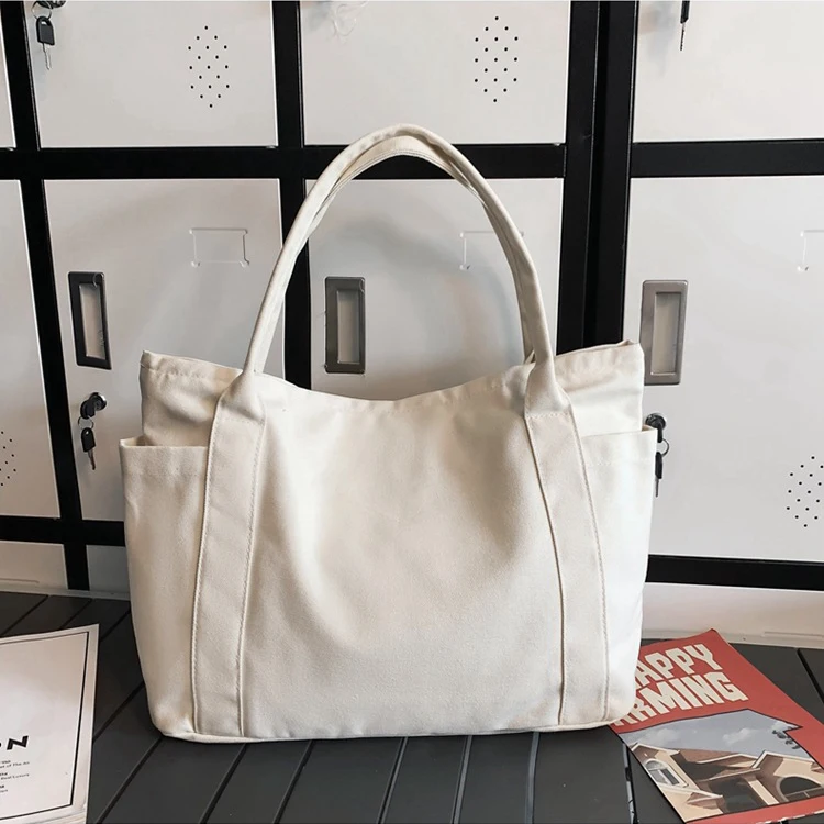 Budget Custom Large Cotton Canvas Yacht Tote Bag 100 Recycled Cotton Canvas Bag With Tow Pockets details