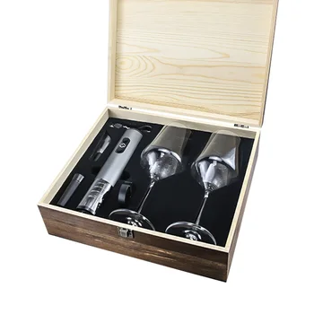 Deluxe Modern Electric Automatic Bottle Corkscrew Tool Box Gift Silver Stainless Steel Wine Opener Wooden Set