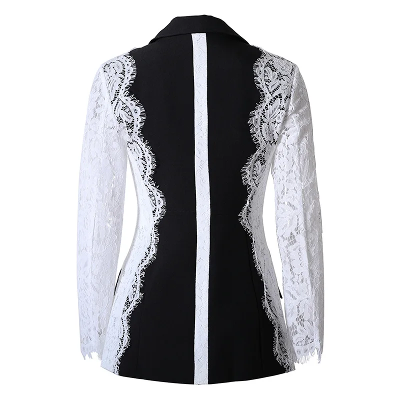 A7069 Newest Women Clothes Contrast Black and White Blazers Lace Long Sleeve Women Jacket