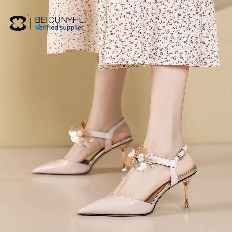 2024 Summer Nude Colors Shallow Pointed Toe Slip-on High Heels Shoes Trendy Party Thin Heel Rhinestone Heeled Sandals For Women