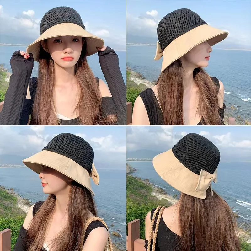 Summer Women Sun Hat Foldable Small Brim Sunscreen Hat Mesh Hollow Bowknot Beach Fashion Ladies Bucket Fisherman Hats