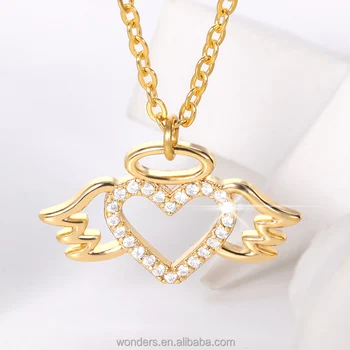 Small Angel Wings Heart Charm Necklace Pendant For Woman Girl Family Birthday Crystal Necklaces