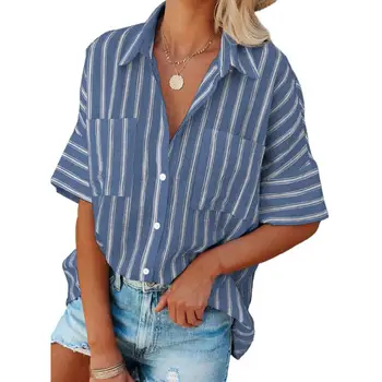 Fashion New Blouse Women Casual Elegant Top Female Loose Pocketed Striped Embroidered Shirts