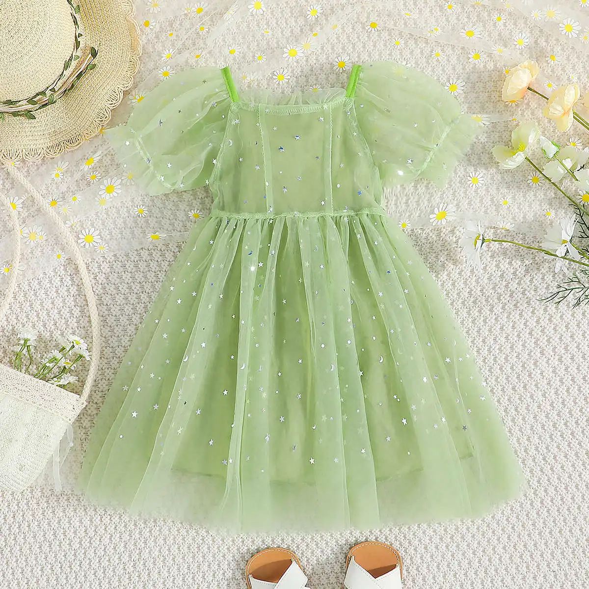 2023 new summer boutique toddler girls dresses sweet princess short sleeve mesh skirt girl's dresses clothing