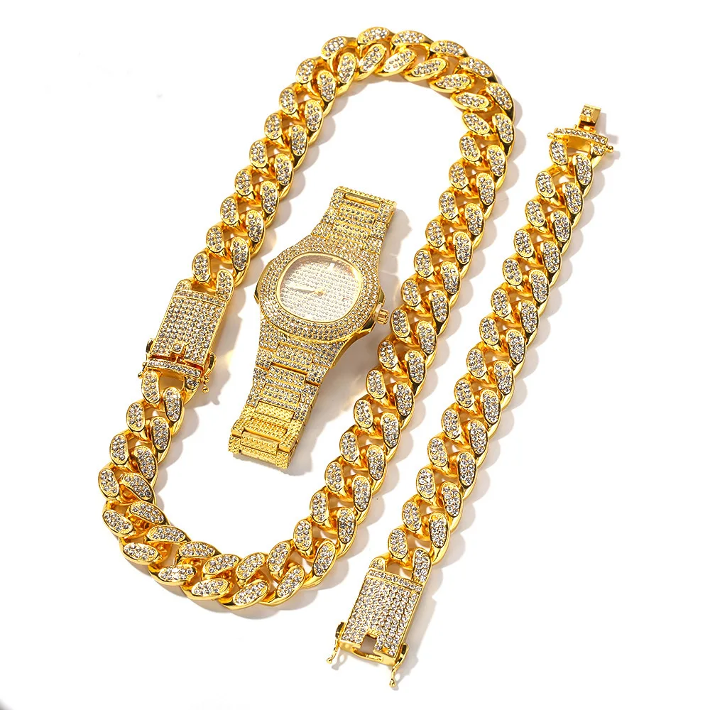 Men Watch With Box Cuban Chain Necklace 