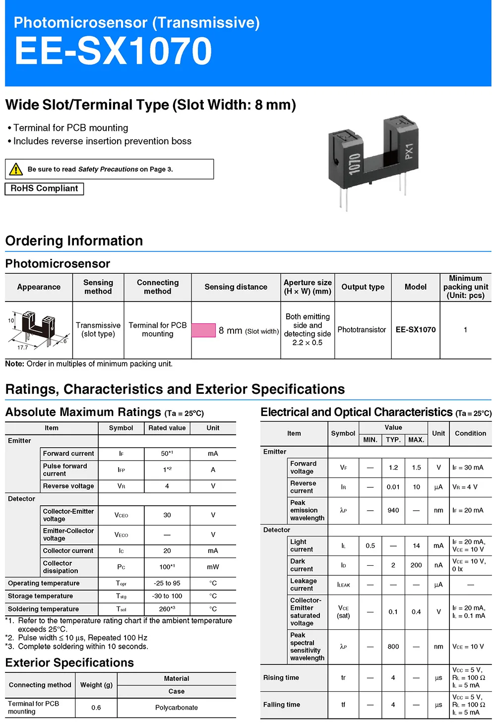 Ee-sx1070 Photo Micro Sensor (transmissive) Forward Current 50ma ...