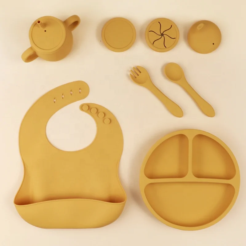 Food Safe Ecofriendly Baby Kids Feeding Plate Set Silicone Bib Mold Plates Bowls Spoons Eating Utensils For Toddler