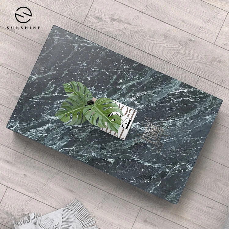 Luxury Nordic Style Dark Green Living Room Furniture Marble Cubic Plinth Low Sofa Coffee Table
