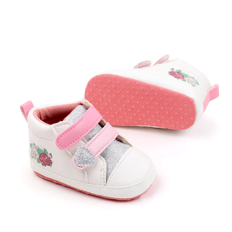 Glitter Heart Baby Girls Rose Print Pattern Different Colors Double Hook and Loop High Top Casual Shoes supplier