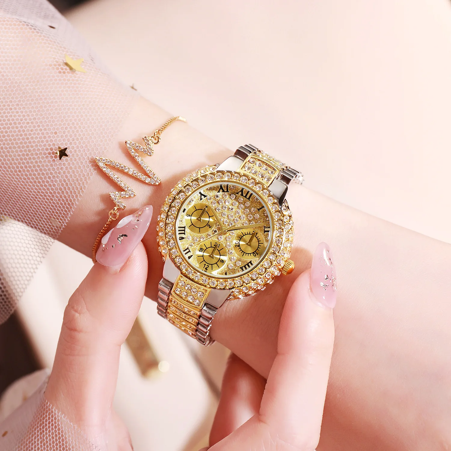 2024 New Arrival Crystal Diamond Design 3 Needles Alloy Watch Fashion Ladies Decorative Quartz Watches For Women