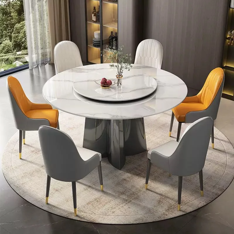 Luxury Nordic Sintered Stone Dinning Table Set For 6  Carbon Steel Base Round Dining Furniture Restaurant Table With Turntable