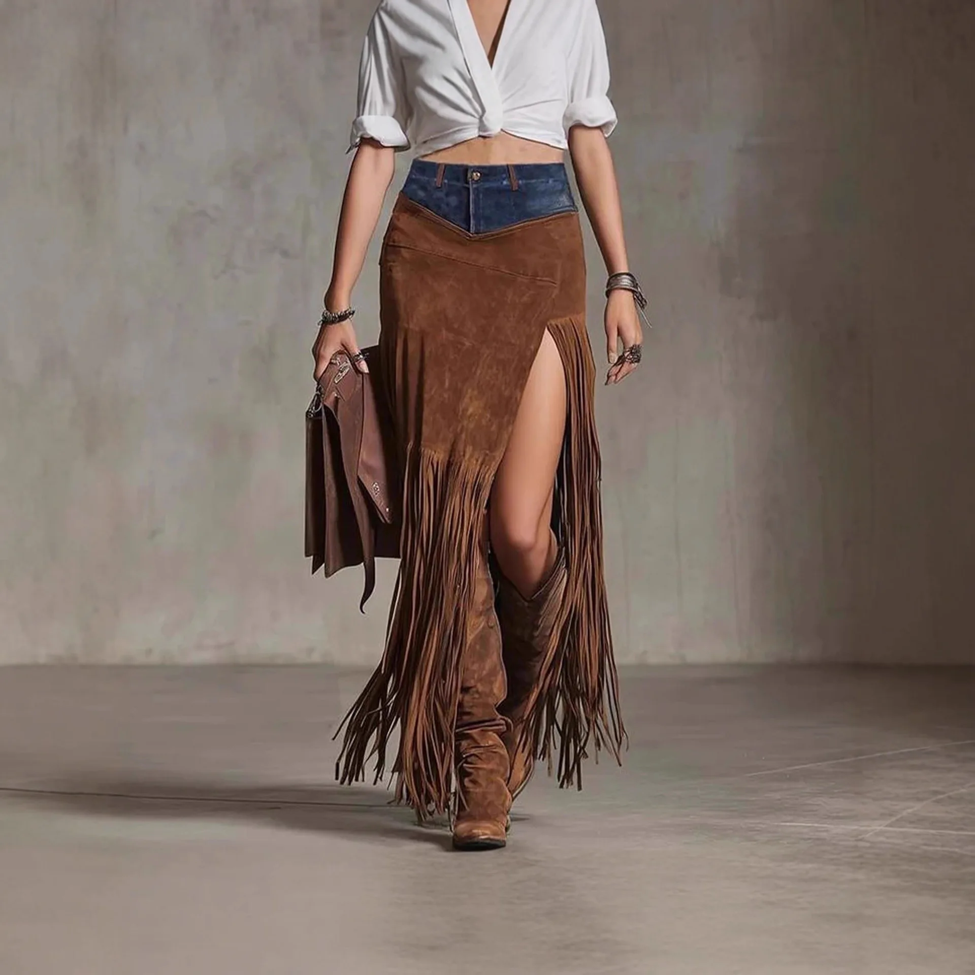 Hot Sale Empire Waist Vintage Tassel Spliced Denim Hem Irregular Suede Skirt factory
