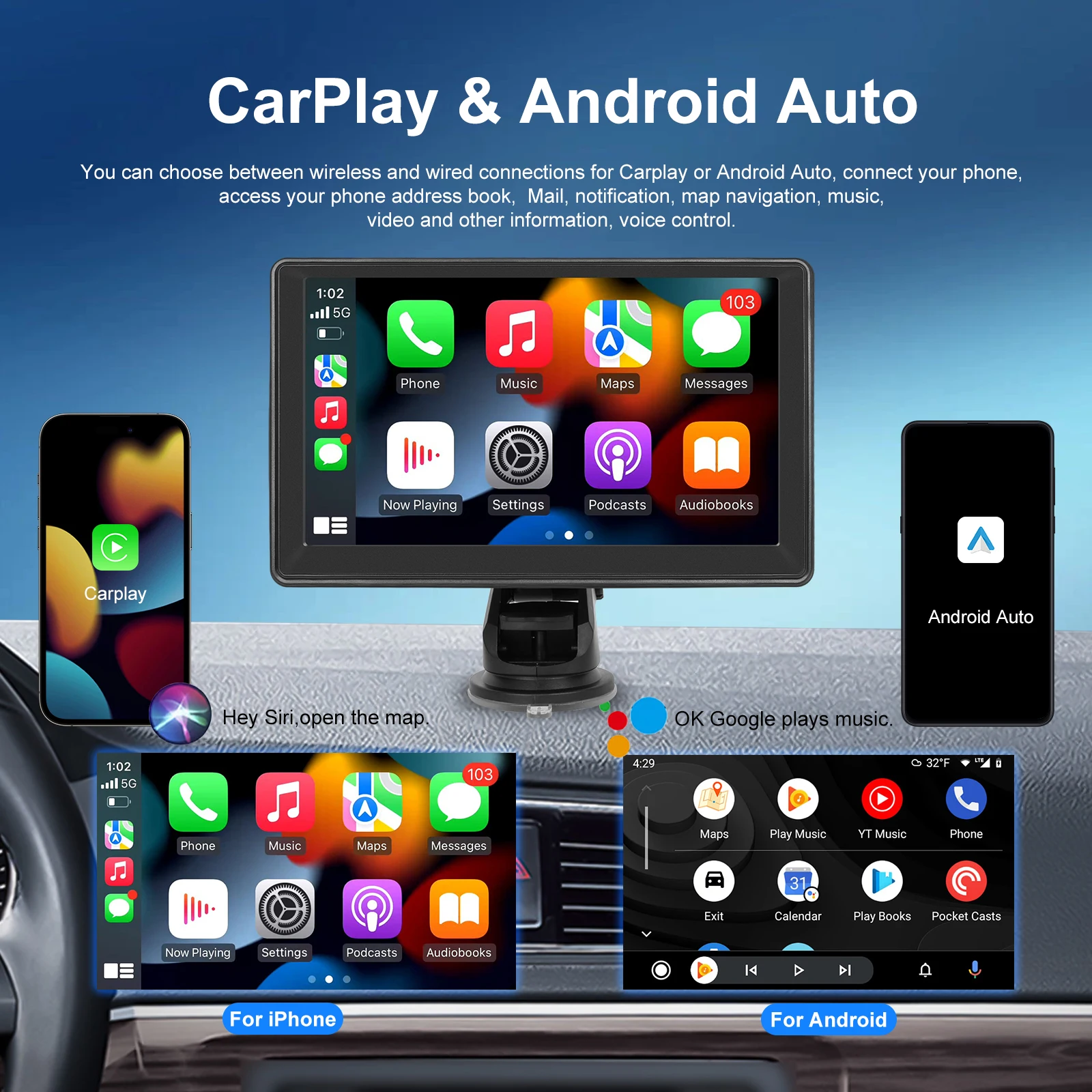 Podofo Wireless Carplay Portable Car Radio Carplay Screen Android