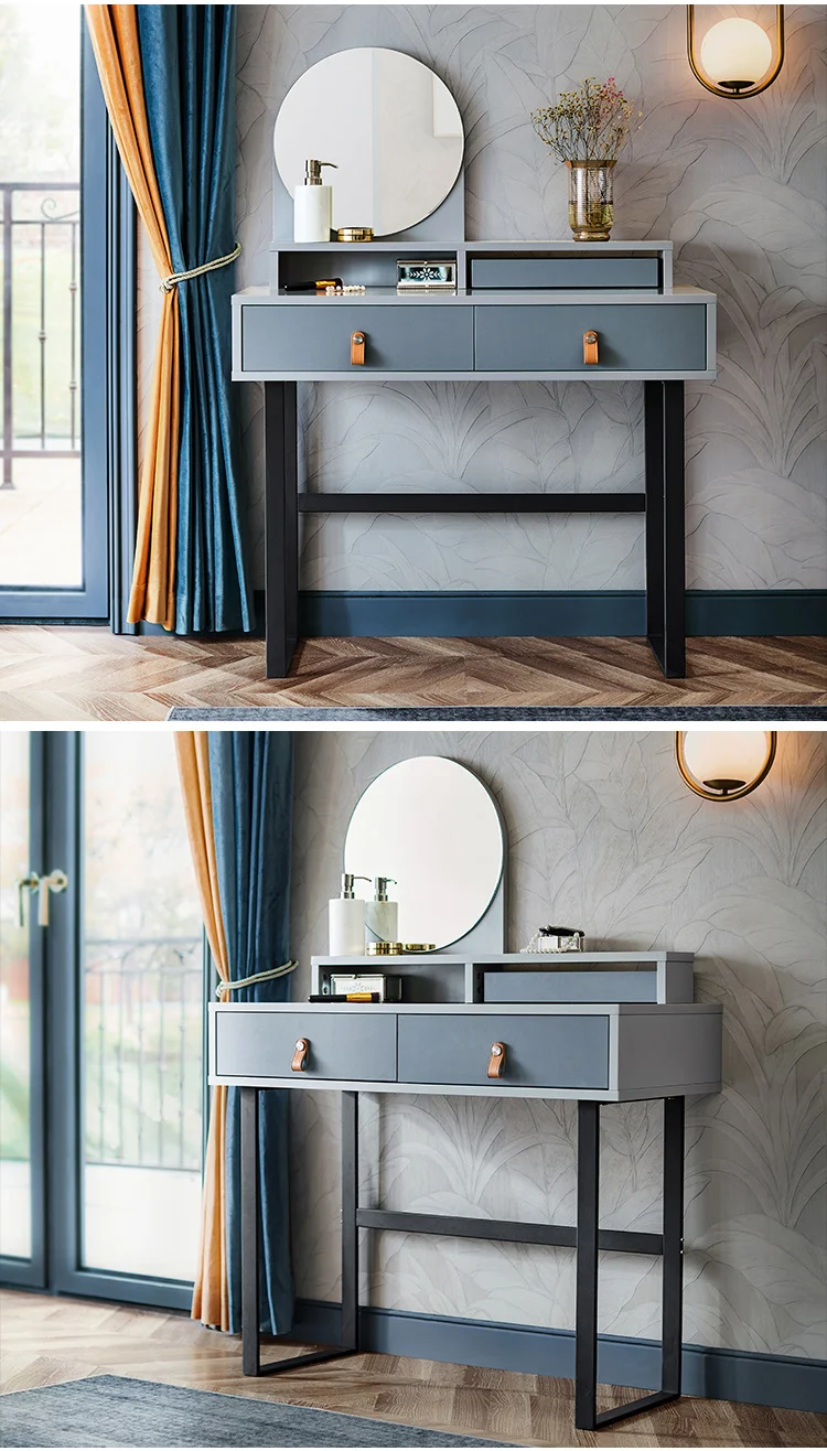 Linsy Modern Adult Nordic Bedroom Solid Wood Makeup Desk Vanity Table Small Blue Mirror Dresser Dressing Table For Girls FT1C