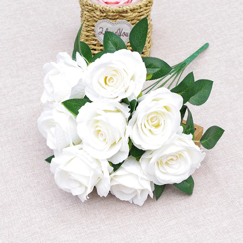 9 Heads white flowers Artificial Rose Flower Bouquet silk flower decoration