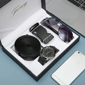 2021 Luxury Promotional Christmas/Valentine's Day 3Pcs Corporate Gift Set Watch + Sunglass + Pu Belt Box Gift For Men
