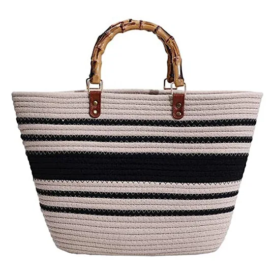 fashion cotton Bag for Women Retro Beach Bag Tote Bag Woven Rope Bamboo Handle for Travel Summer Vacation Beach 2023