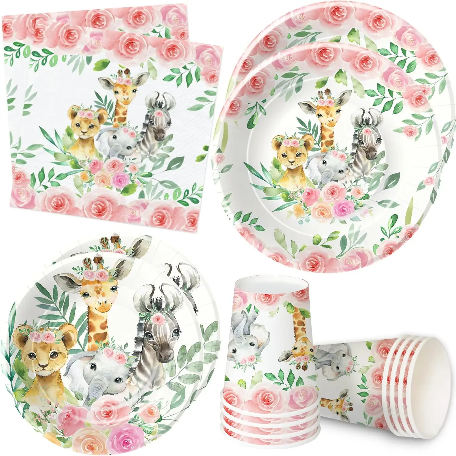 Jungle Safari Theme Birthday Party Supplies Pink Safari Jungle Animal Tableware Set Birthday Party Baby Shower