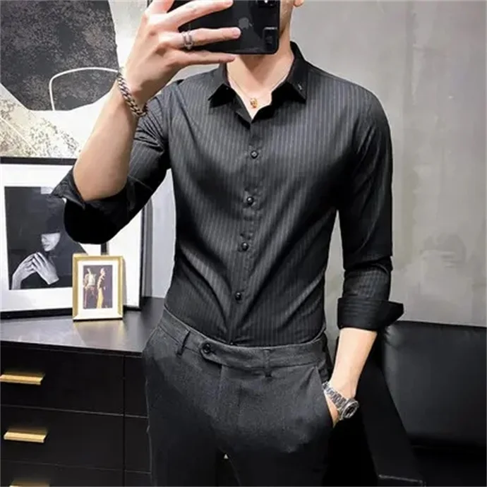 Spring and autumn men's long-sleeved shirt in young people's casual fashion long lining breathable striped shirt men's tops