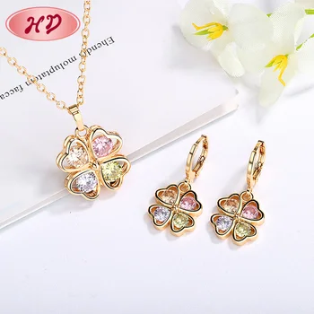 Women Luxury White Gold Plated Colorful Cz Diamond Bridal Earring Necklace Wedding Party Jewelry Set